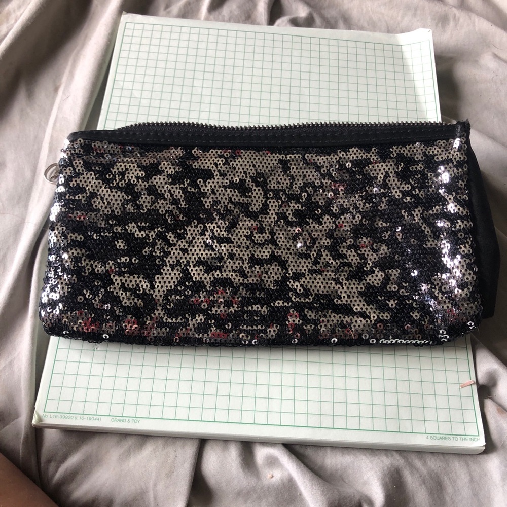 Victoria’s Secret Sequin Zip Pouch Clutch - Black and Silver